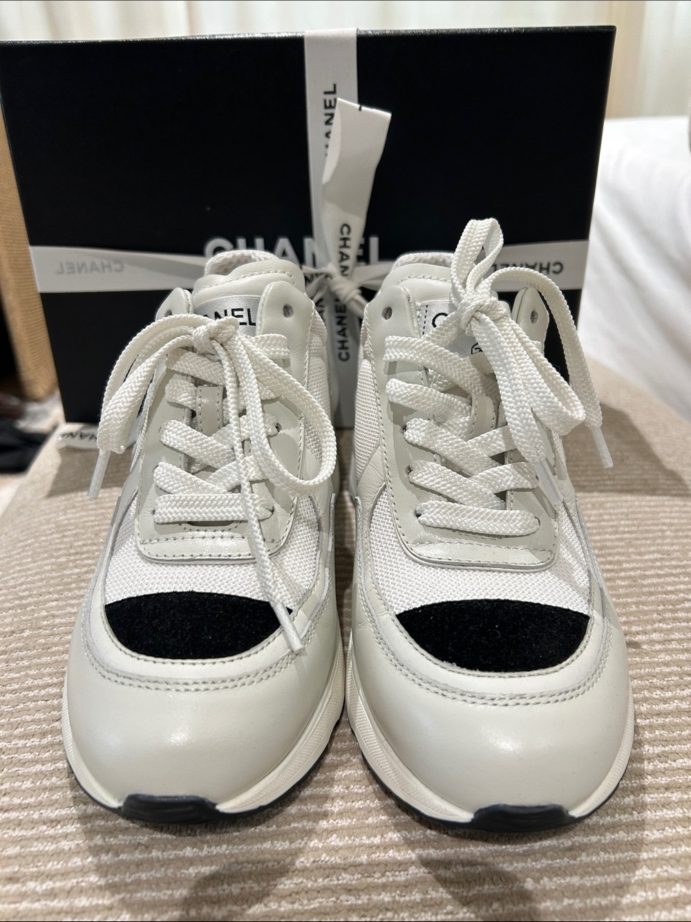 CHANEL White Leather & Mesh Sneakers with Black Toe Accent